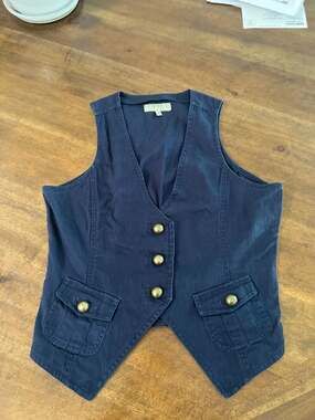 Alibi Navy Blue Denim Vest with Antique Gold Buttons and Cargo Pockets